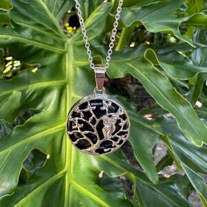 NEW Large Blue Goldstone Owl on a Tree Pendant Necklace